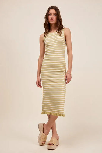 Stripe Sleeveless Sweater Maxi Dress with Ruffled Hem SAGE OFF WHITE