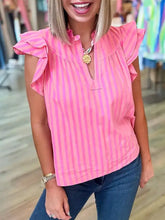 Pink and coral vertical stripe split neck ruffled blouse with shoulder sleeves perfect for summer wear