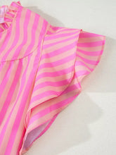 A vibrant pink stripe split neck ruffled summer blouse with flutter sleeves perfect for warm weather wear