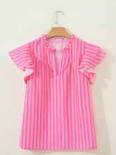 A vibrant pink and white stripe split neck ruffled summer blouse with flutter sleeves and matching ruffle collar