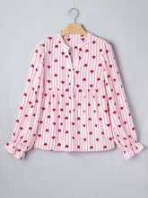 Pink and white stripe textured heart print long blouse with ruffled cuffs and tiered waist for stylish wear