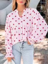 Pink and red stripe textured heart print blouse with puffy long flounce sleeves in lightweight fabric