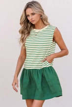 Stripe Woven Sleeveless Mini Dress Dark Green Casual Dresses
