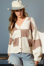 Beige and brown striped V-neck cardigan in neutral tones