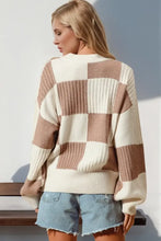 Checkered cardigan sweater in beige, brown, and white squares