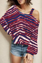 Striped asymmetrical neck long sleeve women’s t-shirt in red, white, blue