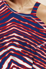 Striped asymmetrical neck long sleeve T-shirt in blue, red, white pattern