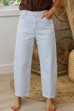 Striped barrel leg jeans featuring wide-leg soft denim trousers in classic blue and white vertical stripes with a relaxed fit