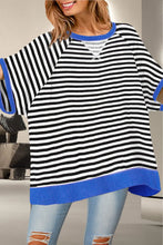 Striped Blue Trim Womens T Shirt Polyester Elastane Blend Stripe