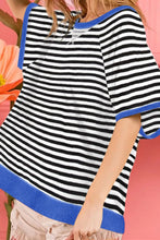 Striped Blue Trim Womens T Shirt Polyester Elastane Blend