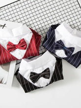 Three folded Striped Bow Tie Pet Blazer shirts in red, navy, black with bow ties