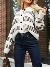 Cozy off-white charcoal striped knit cardigan with black buttons, machine wash cold