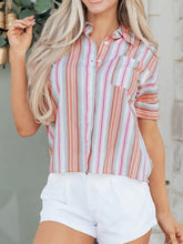 Women’s short sleeve striped button shirt with vertical peach light blue and pink stripes for casual wear