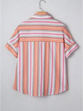 Striped button short sleeve shirt with vertical peach pink gray and white stripes in lightweight fabric for casual wear