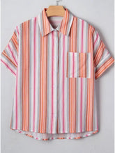 Striped button short sleeve shirt with vertical stripes in peach pink gray and white for casual wear