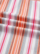 Soft lightweight scarf with vibrant coral pink white gray and black vertical stripes and red chain embroidery edges