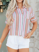 Striped button short sleeve shirt with vertical pastel peach blue and white stripes in soft fabric