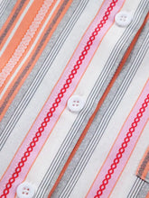Striped button short sleeve shirt with diagonal coral pink and gray bands on a light base fabric