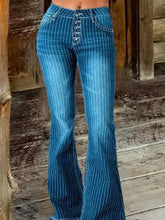 Blue pinstripe denim flare jeans with a striped button fly and button-front design for stylish casual wear