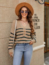 Striped Button Front Cardigan Long Sleeve Knit Sweater for Women Khaki