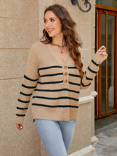 Striped Button Front Cardigan Long Sleeve Knit Sweater for Women
