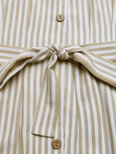 Beige and white striped wide leg jumpsuit with tie belt