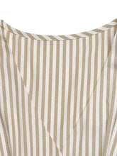 Beige and white striped wide leg jumpsuit with textured fabric and stitched seams