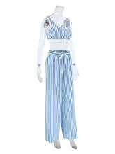 Striped Cami & Shirt and Pants Lounge Set in blue and white vertical stripes