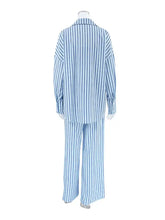 Blue and white striped cami shirt and wide-leg pants lounge set