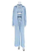 Striped Cami & Shirt and Pants Lounge Set in blue and white vertical stripes
