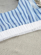 Light blue and navy striped cami top with white pleated hem from lounge set
