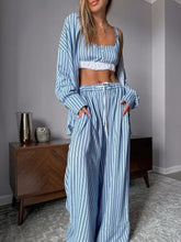 Woman in Striped Cami & Shirt and Pants Lounge Set, blue white stripes