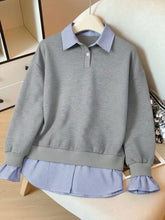 Gray long-sleeved striped collar sweatshirt with blue and white accents suitable for machine wash cold care