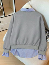 Gray knit striped collar long sleeve fake two piece sweatshirt with blue white shirt detail machine wash cold