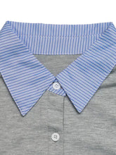 Blue and white striped collar on gray button-up long sleeve fake two piece sweatshirt machine wash cold
