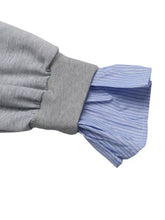Striped collar long sleeve fake two piece sweatshirt with gray ribbed cuff and blue and white striped shirt sleeve machine wash cold