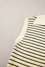 Cream and black horizontally striped ribbed knit sleeveless collared neck tank with a classic collar design