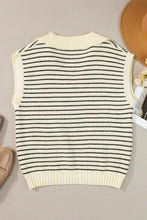 Cream-colored knit collared neck tank with black horizontal stripes and ribbed cuffs striped collared neckwear