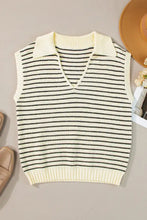 Cream-colored knit collared neck tank with black horizontal stripes and a classic collar for stylish layering