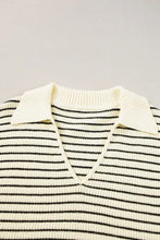 Cream-colored ribbed knit collared neck tank sweater with black horizontal stripes and matching collar in striped collared style