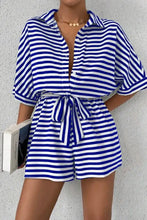 Striped collared neck tie waist romper in blue and white