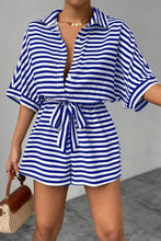 Striped collared neck tie waist romper in blue and white