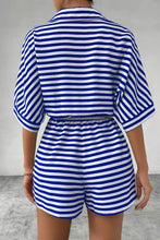 Striped collared neck tie waist romper in blue and white horizontal stripes