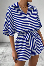Striped collared neck tie waist romper in blue and white