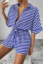 Striped collared neck tie waist romper in blue and white