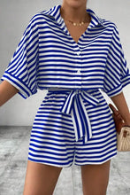 Striped collared neck tie waist romper in blue and white stripes