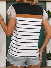 Striped Color Block Top with Lace Sleeves Woman T Shirts