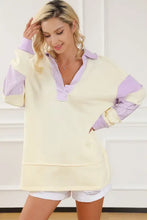 Striped Contrast Johnny Collar Dropped Shoulder Sweatshirt Woman Sweatshirts