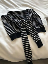 Striped contrast knit wrap cardigan with black and white tie-front