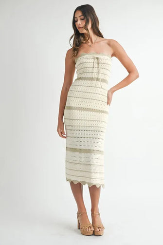 Striped Crochet Knit Midi Dress Strapless Sweater Dress for Women LT TAUPE